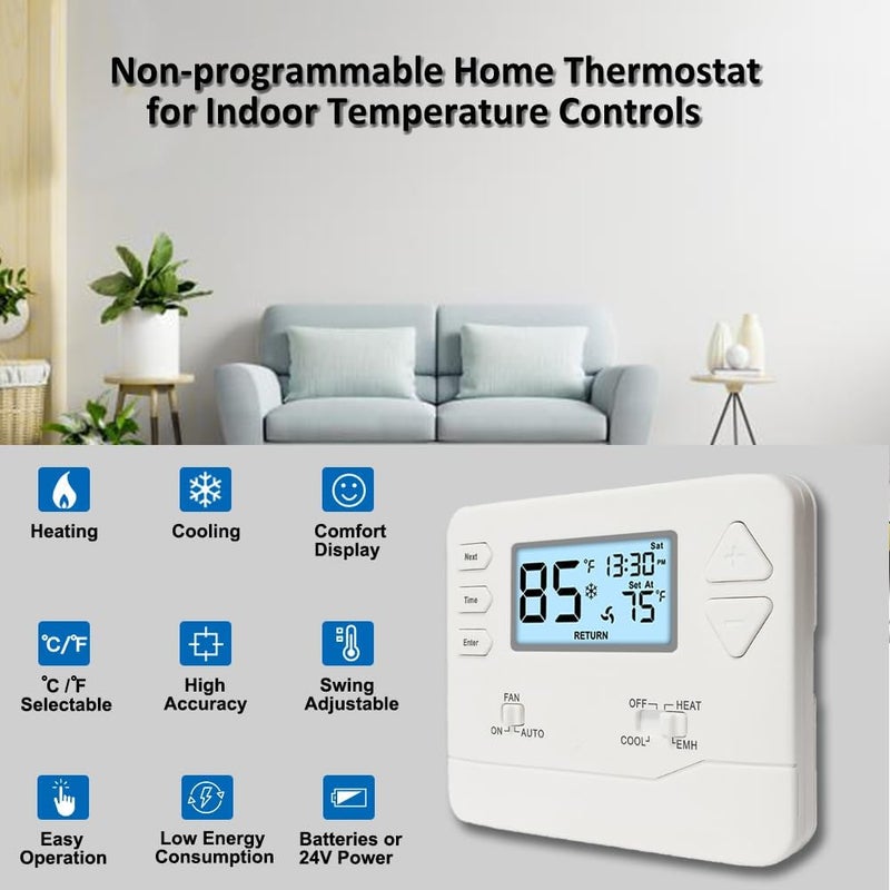 Miuputake Thermostat for Heat Pump,NonProgrammable Thermostat for Home, Conventional Single-Stage Systems,2 Heat/1 Cool Heat Pump Or 1 Heat/1 Cool, Easy DIY Install, White Backlight - Image 2